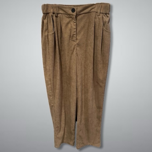 Baggy Trouser Corduroy Pants Elastic Waist Cropped Polyester Brown Women’s US L - Picture 1 of 6